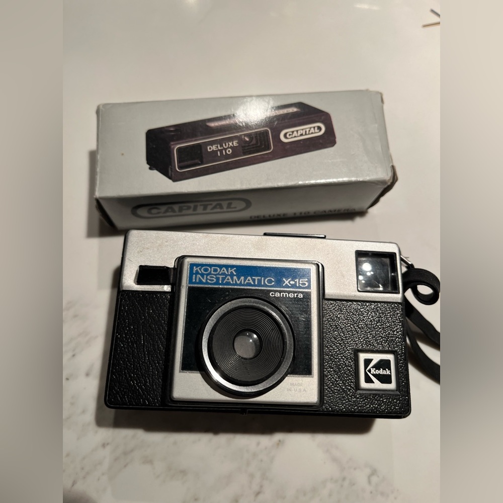 Two vintage cameras.  Capital deluxe 110 is new/unused.  Kodak instamatic x-15.